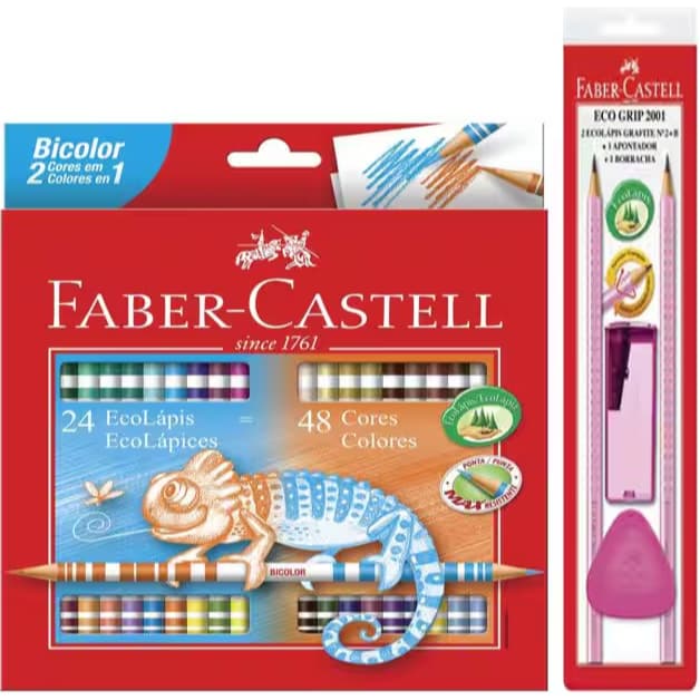 Kit Lápis de Cor 48 Cores Bicolor + Kit 2 Lápis de Escrever + Borracha + Ap. Dep. Faber-Castell