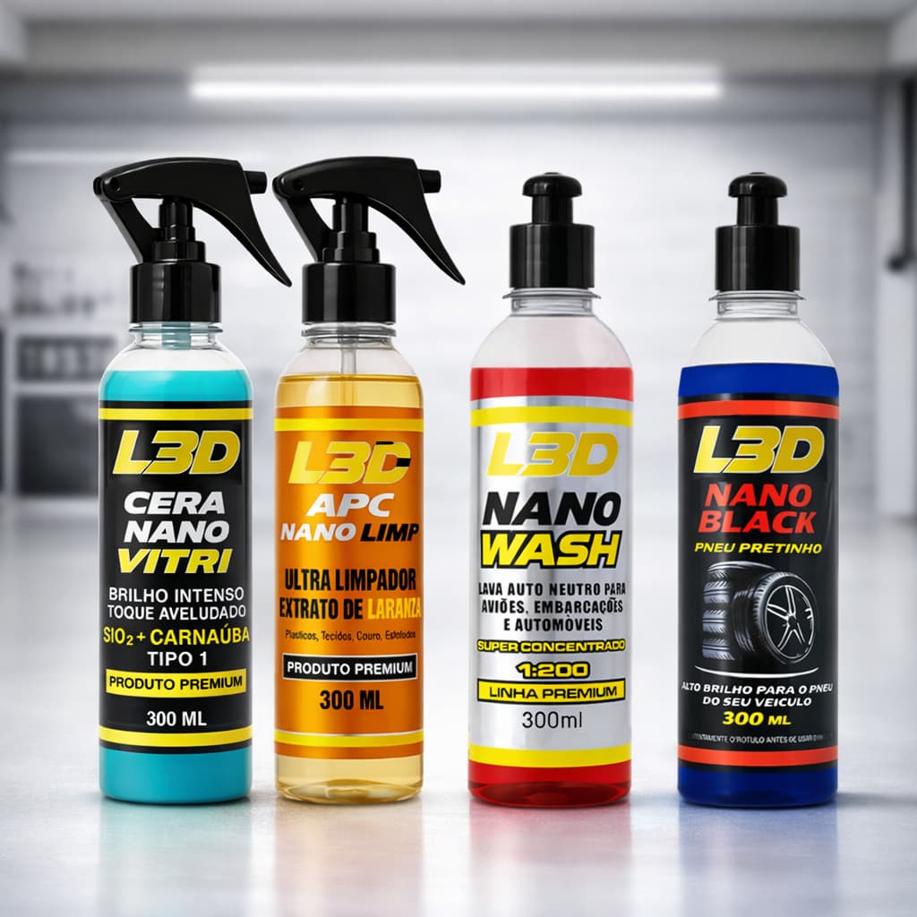 Kit Estética Automotiva L3D: Cera Espelhamento SiO2 + Shampoo Neutro + APC + Pretinho Brilho Pneu