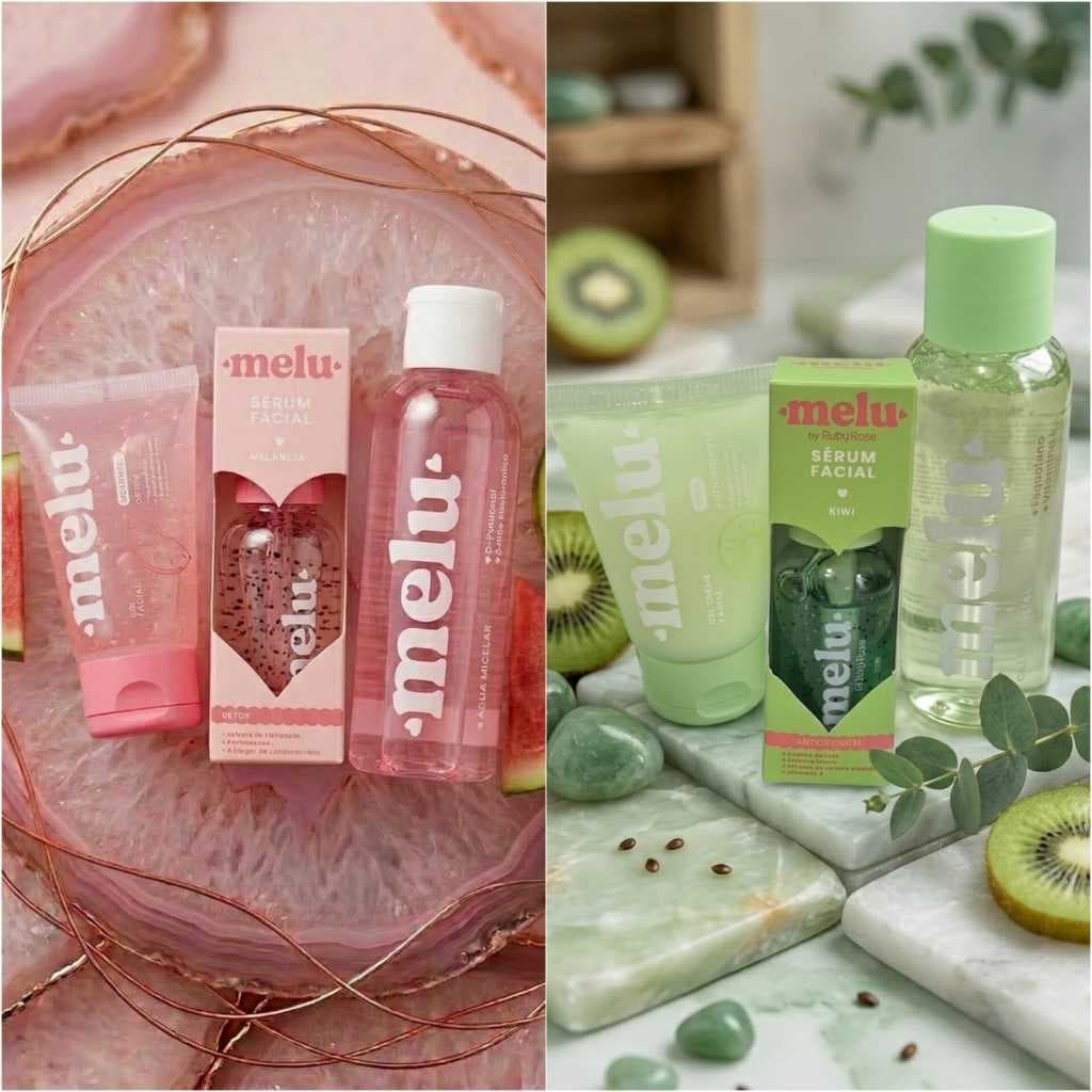 Kit Melu Ruby Rose Melancia/Kiwi Sérum Facial, água micelar, Tônico,Gel Facial