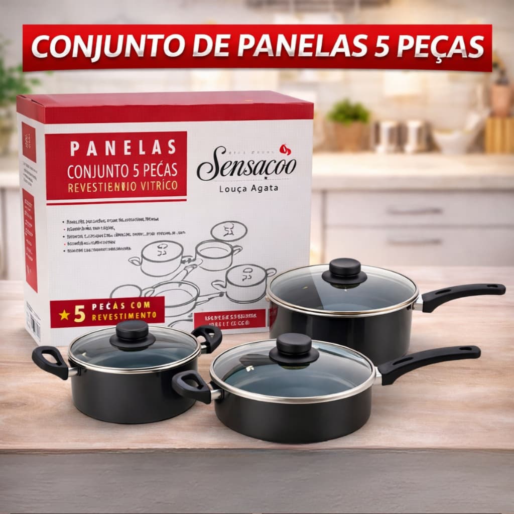 Jogo 5 Panelas Peças Aço Tampa de Vidro Conjunto Peças Panela e Frigideira