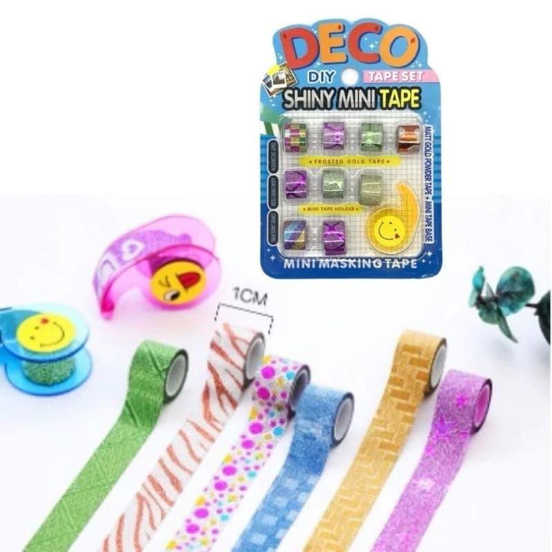Mini Fitas Adesivas Brilhantes Colorida Pequena com Suporte - 9 Mini Fitas com Glitter