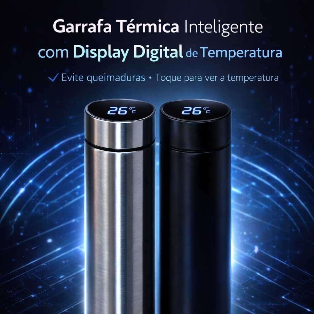 Garrafa térmica com display LED, inox, mantém quente/frio, vedação segura, ideal para uso diário.