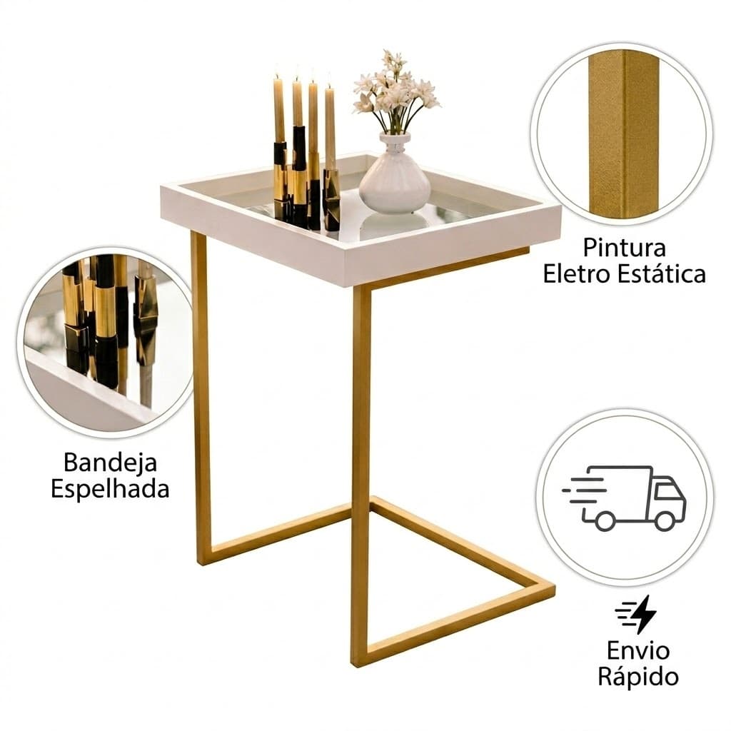 Mesa de Apoio Lateral Luxo com Espelho para Sofá Sala Decorativa Moderna Prática e Elegante