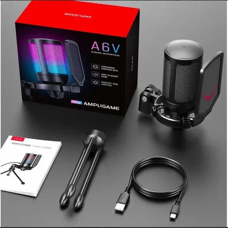 Microfone Fifine Ampligame A6V  RGB Led Usb Com Pop Filter