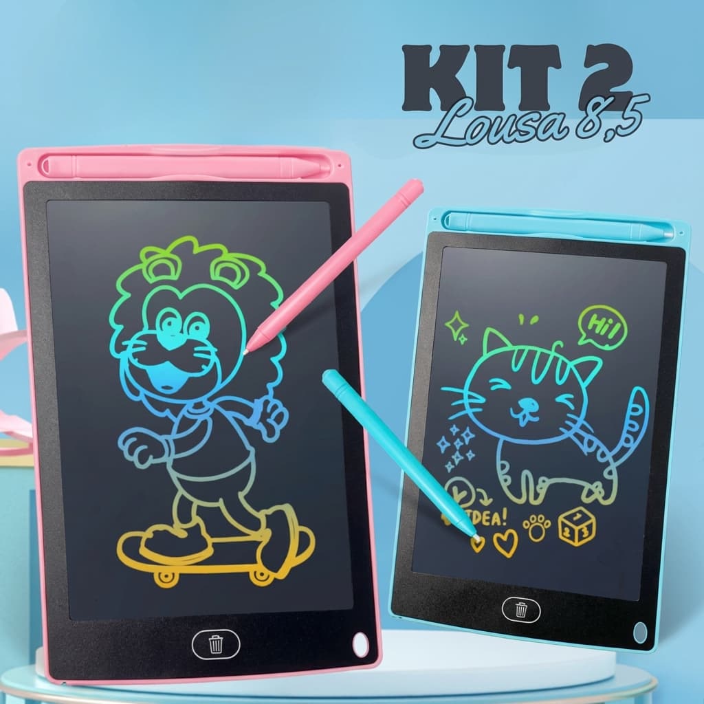 Kit 2 Lousa Mágica Infantil Tablet LCD 8,5 Pol Para Escrever Desenhar Apagar Tela Colorida Botão Lock Portátil