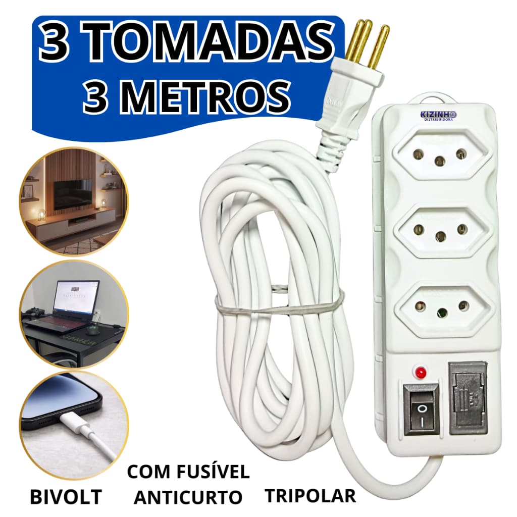 Filtro de Linha 3 Tomadas Tripolar 10A Bivolt  Branco 3 Metros Régua+Cabo Fusível de Proteção e Interruptor Liga/Desliga
