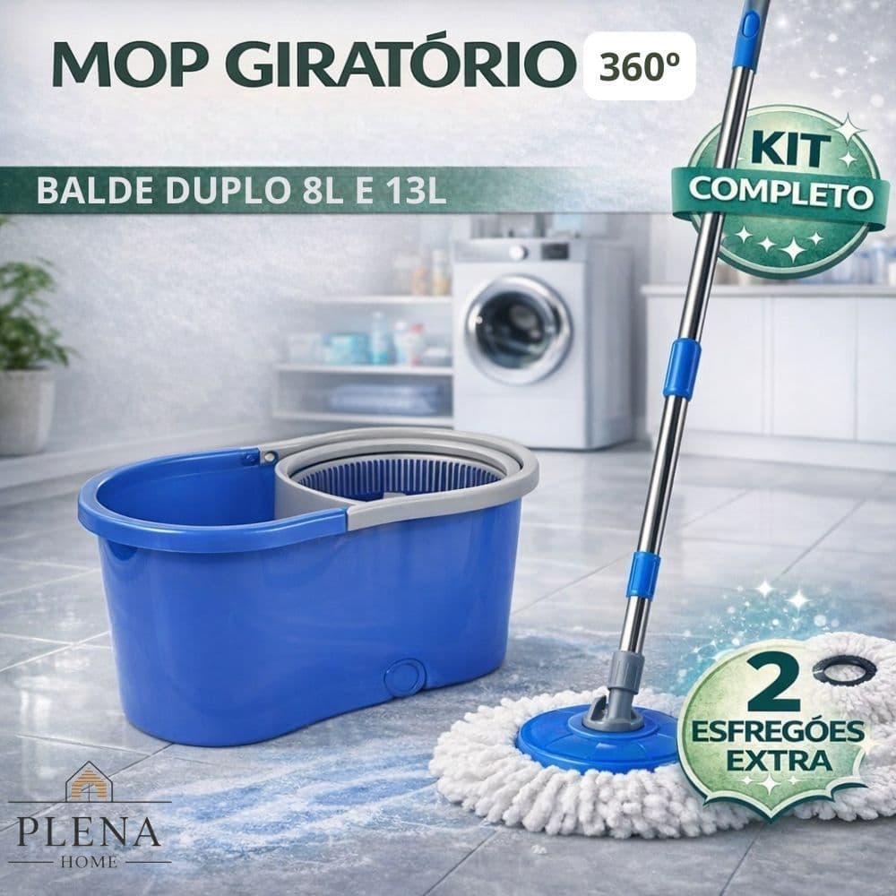 KIT Mop Giratório 8L 13L Refis Esfregão Balde Duplo Reservatório Limpeza Pesada Rápida Porcelanato