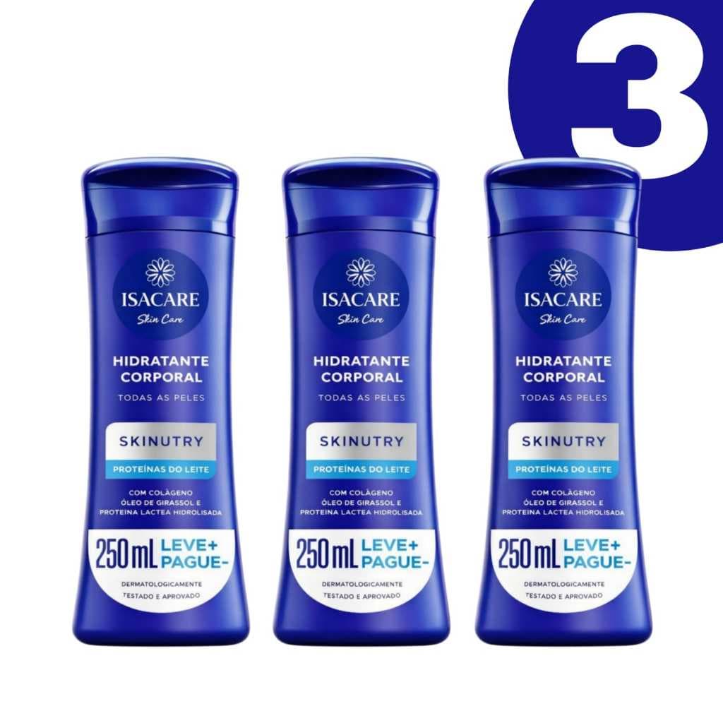 Kit 3 Loção Hidratante Corporal Isacare Proteinas do Leite com Colágeno e Óleo de Girassol 250ml