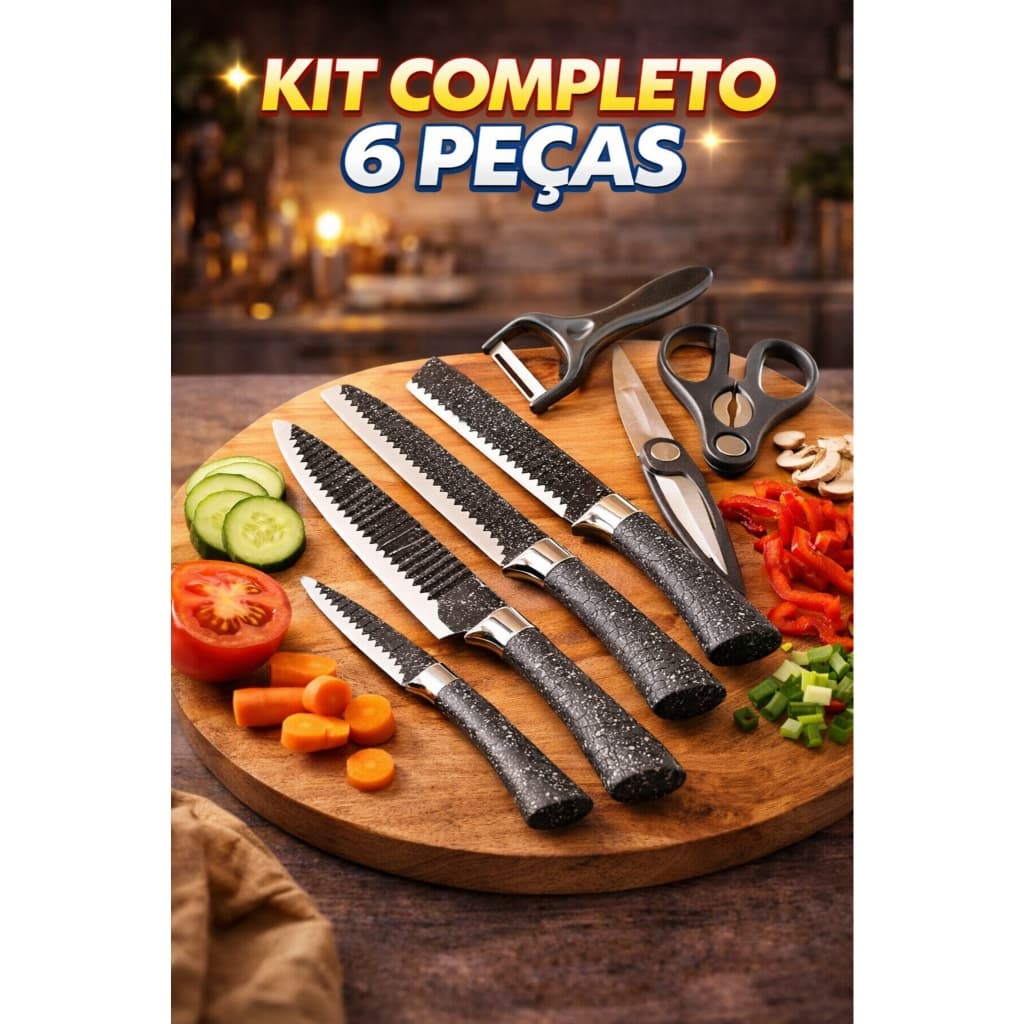 Jogo de Facas 6 Peças Inox Completo com Faca Chef Cutelo Tesoura e Descascador Cabo Ergonômico