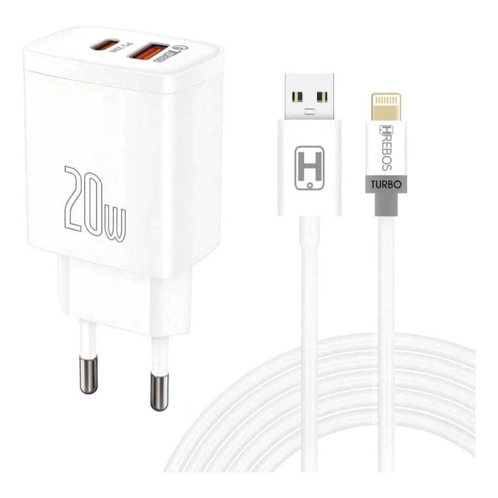 Kit Carregador Duplo Duas Entradas Turbo Rápido Hrebos 20W com Cabo Lightning Branco Compatível Com iPhone 6 a 14