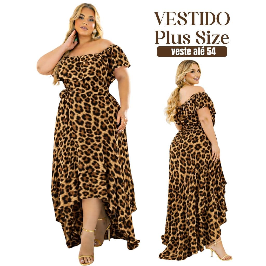 Vestido Plus Size Longo Animal Print Onça Ciganinha Babado Elegante Veste Até 54