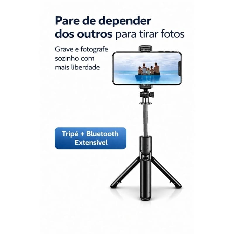 Bastão de Selfie com Tripé e Controle Bluetooth p/ Celular Extensível 68cm Grave e Fotografe Sozinho