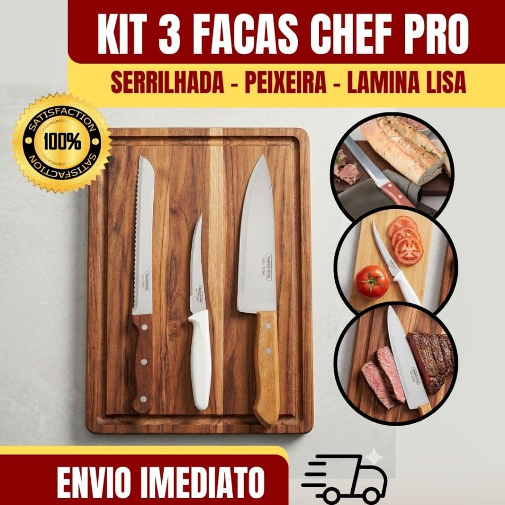 Kit 3 Facas Chef Pro Home Line ORIGINAL Inox: Faca Serrilhada 8´ Peixeira 5´ Lâmina Lisa 7´