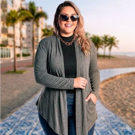 Casaco Cardigan Feminino Plus  Size de Ponta Assimétrico Elegante Inverno