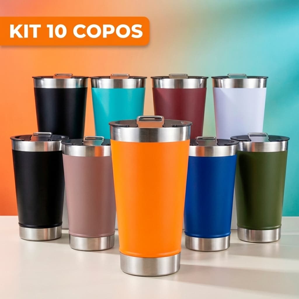 kit 10 Copos Térmicos 473ml Aço Inox Parede Dupla Para Cerveja Bebida Gelada Com Tampa e Abridor Antisuor Várias Cores
