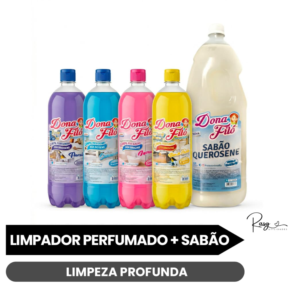Kit Limpador Perfumado 1L + Sabão de Querosene 2L Limpa Piso Desengordurante Multiuso Removedor
