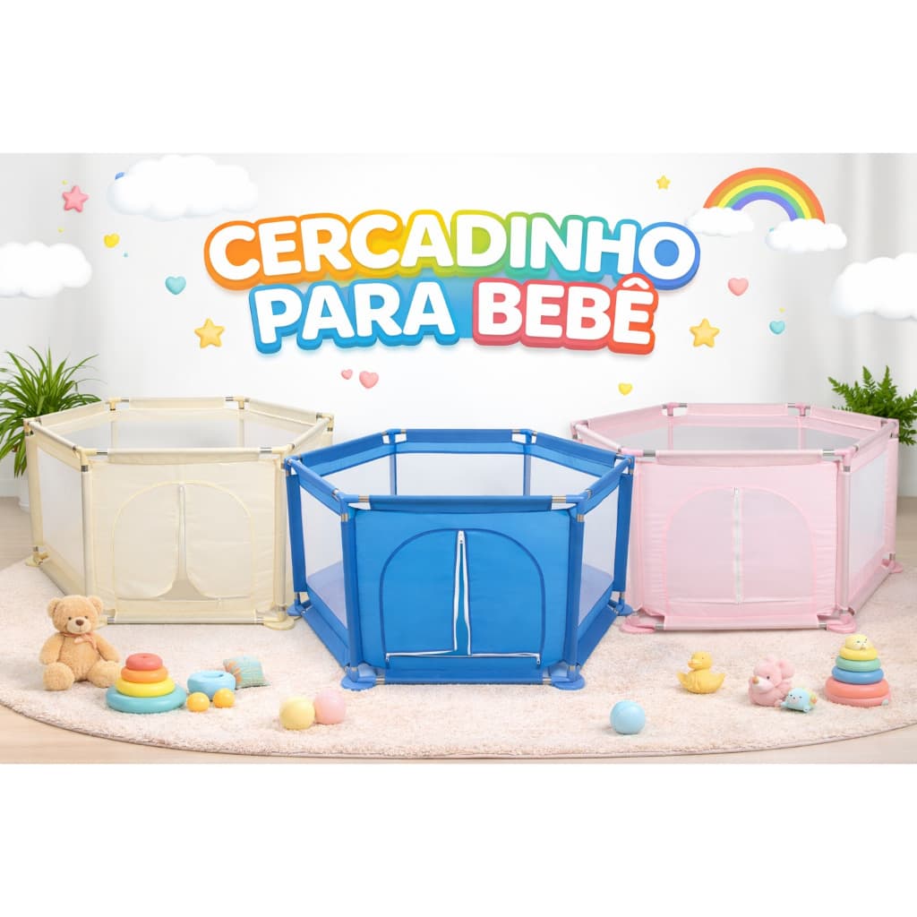 Cercadinho Chiqueirinho para Bebê Rister Baby com Tela Respirável, Dobrável e com Tapete Colorido