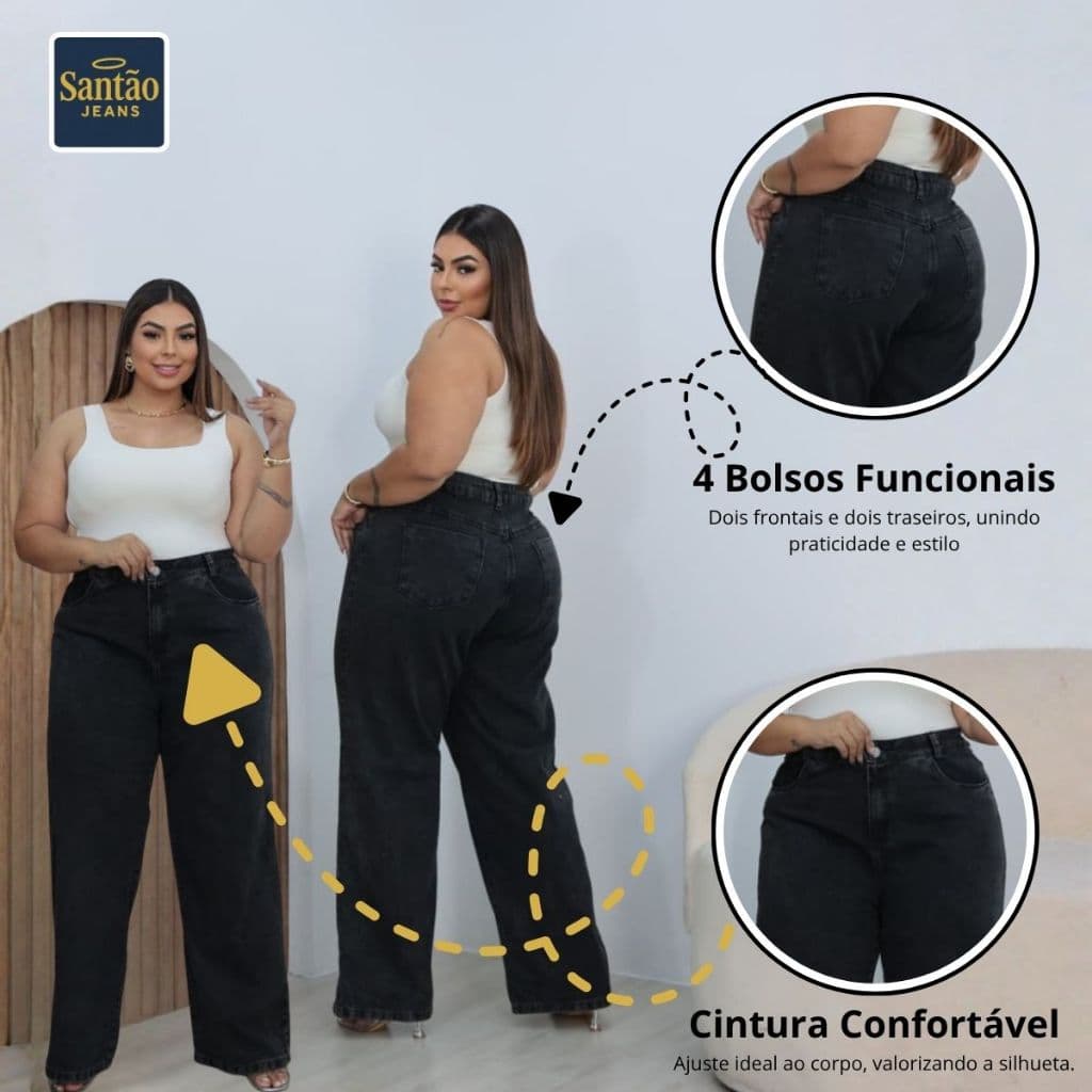 Calça Jeans Wide Leg Plus Size Moda Feminina Confortável Cintura Alta 100% Algodão 46 ao 54