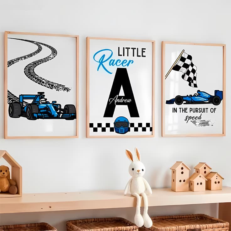 Quadro Decorativo Infantil Fórmula 1 Personalizado Nome Inicial Kit 3 Peças Racing