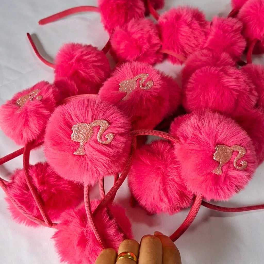 Kit 10 Tiaras Pompom Pink Com Glitter Infantil Penteado Festas