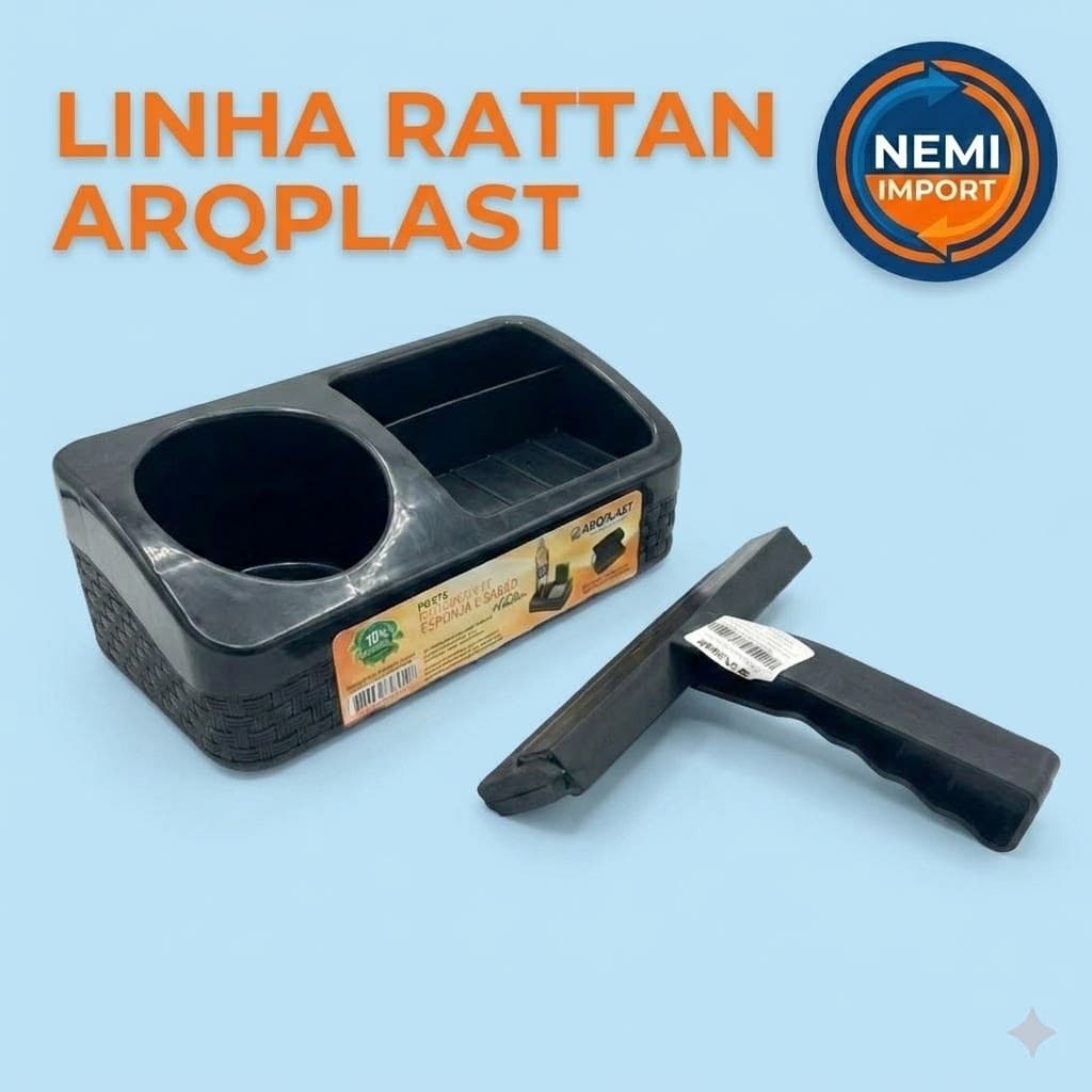 Organizador De Pia Arqplast Rattan Porta Detergente E Sabão Com Rodinho Conjunto Completo Cozinha