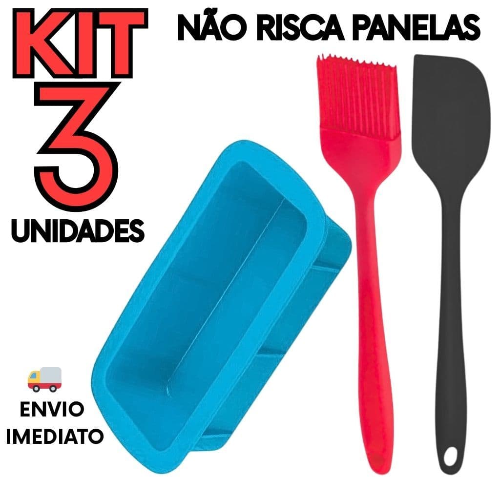 Kit 3 Utensílio Silicone Cozinha Espátula Pão Duro+Forma para Pão/Bolo+Pincel Culinário Antiaderente