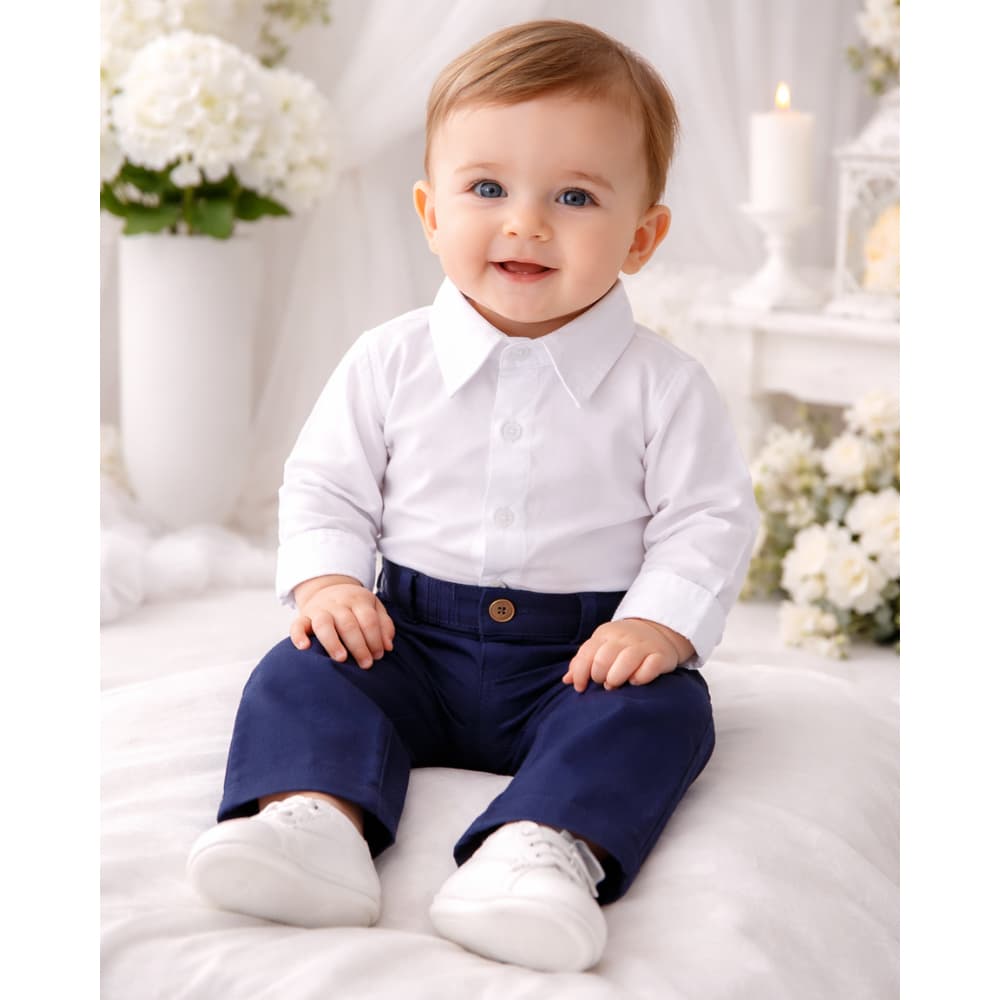 Conjunto Social Para Bebê Menino Body e Calça Azul Marinho, Bege e Cinza