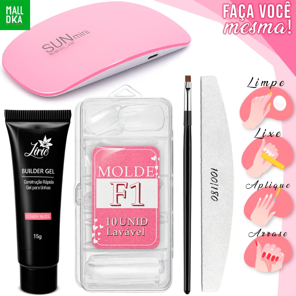 Kit Unha Pollygel 15GR (5 ITENS) Cabine SunMini Portatil Molde F1 Lixa de tips Unhas Postiça