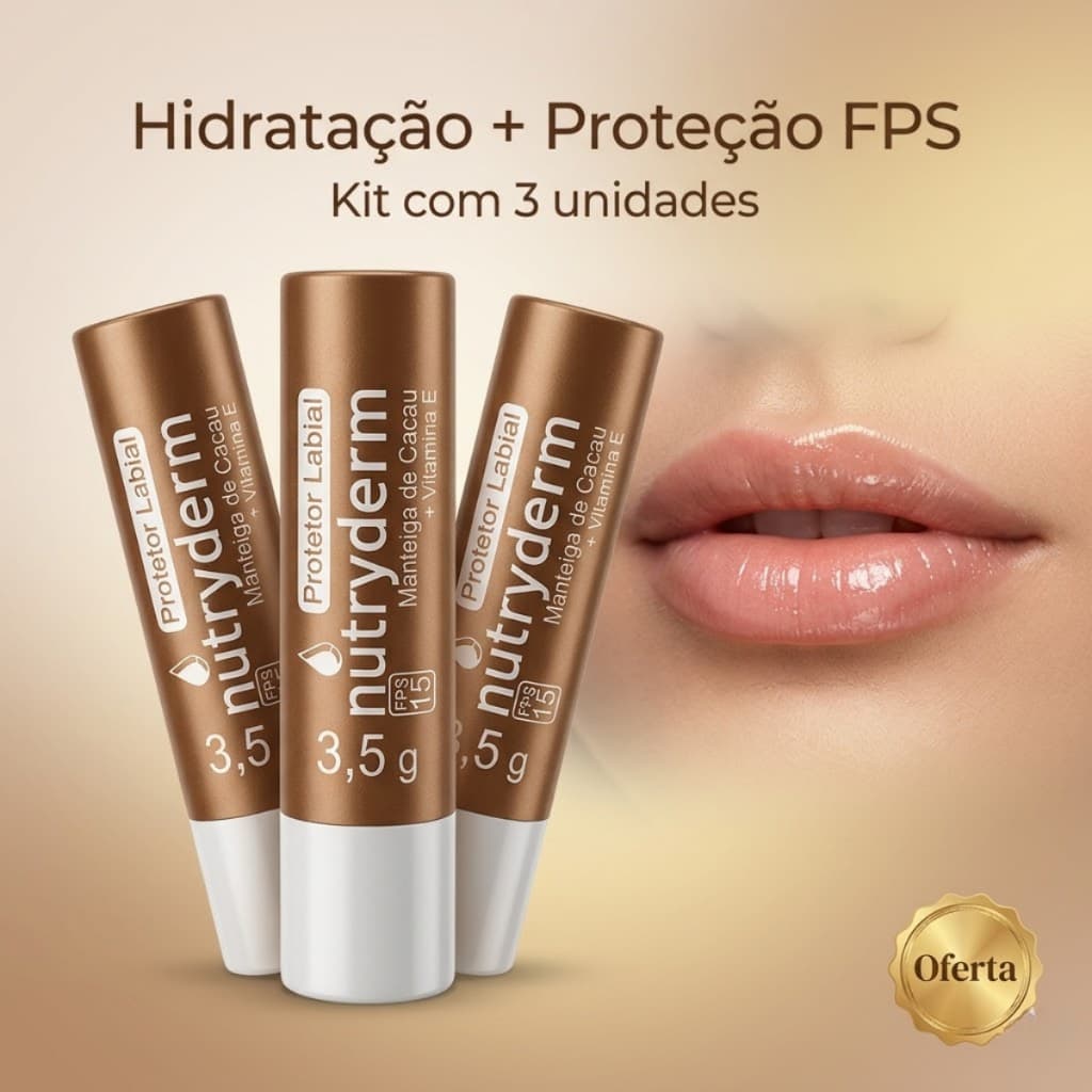 Kit 3 Manteiga de Cacau Protetor Labial FPS Hidratação Intensa Anti Ressecamento