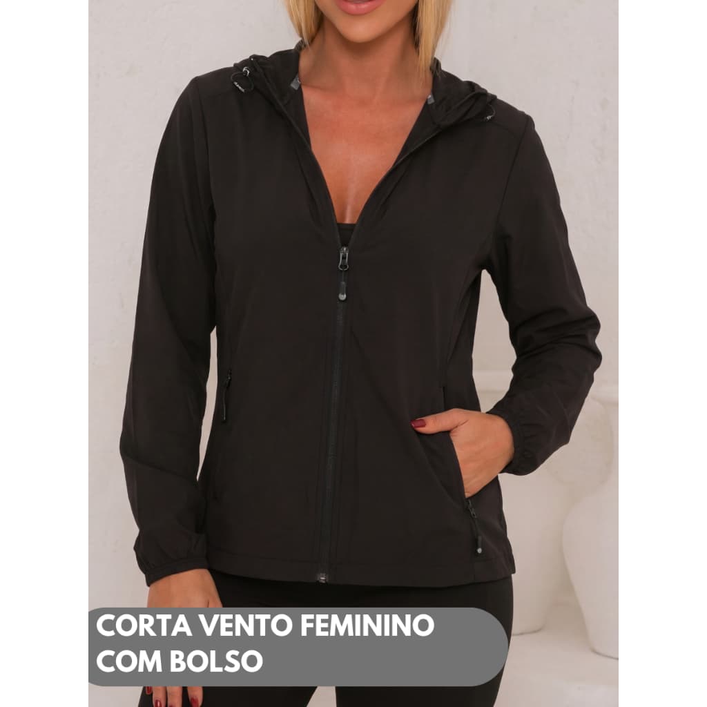 Corta Vento Feminino Poliamida Jaqueta Leve com Capuz Ajustavel Bolso Zíper Casual Fitness Dia a Dia Esportivo