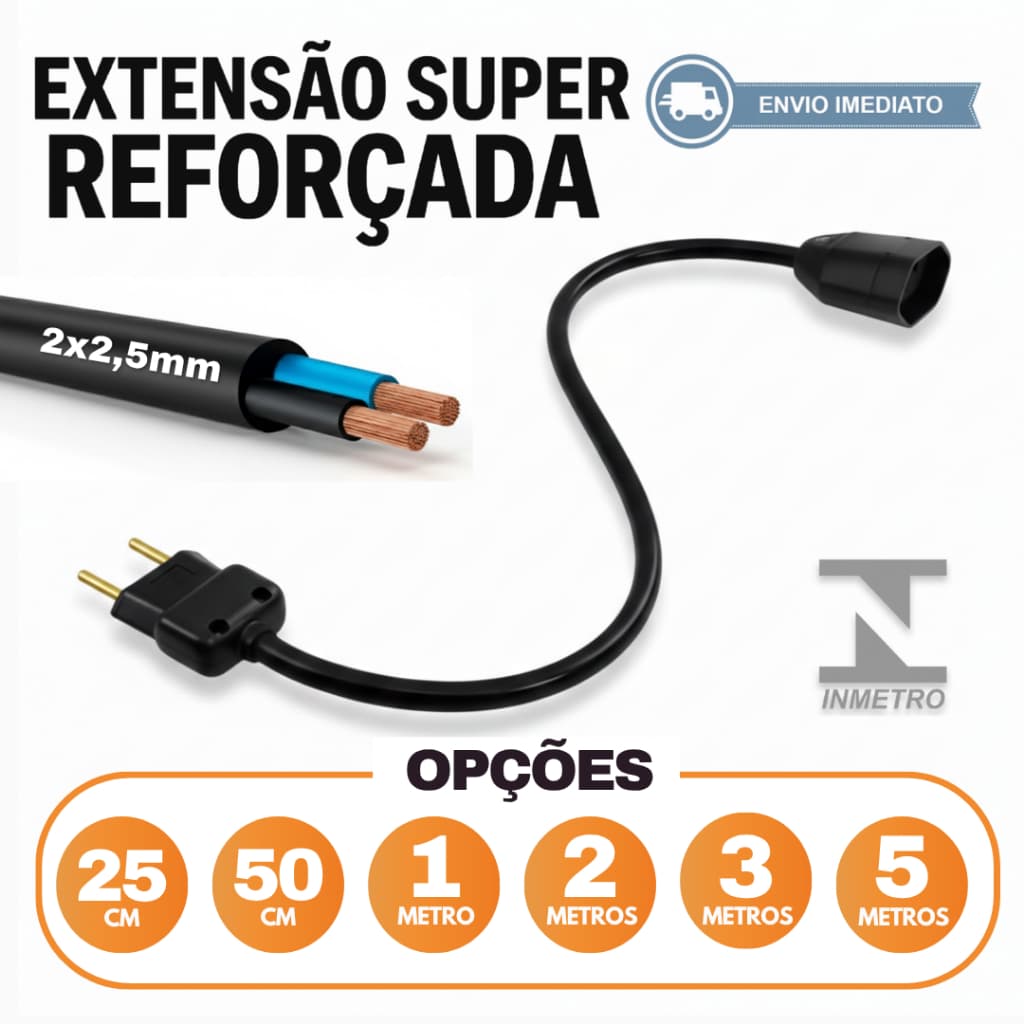Extensão Reforçada Cabo Grosso PP 2x2,5mm Tomada 10A e 20A 110v/220v Vários Tamanhos 1m 2m 3m 5m Certificada Inmetro