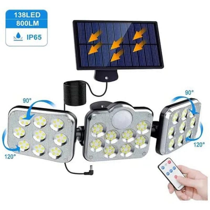 Iluminação Solar 138 leds com Sensor de Movimento e Controle Remoto, refletor placa solar