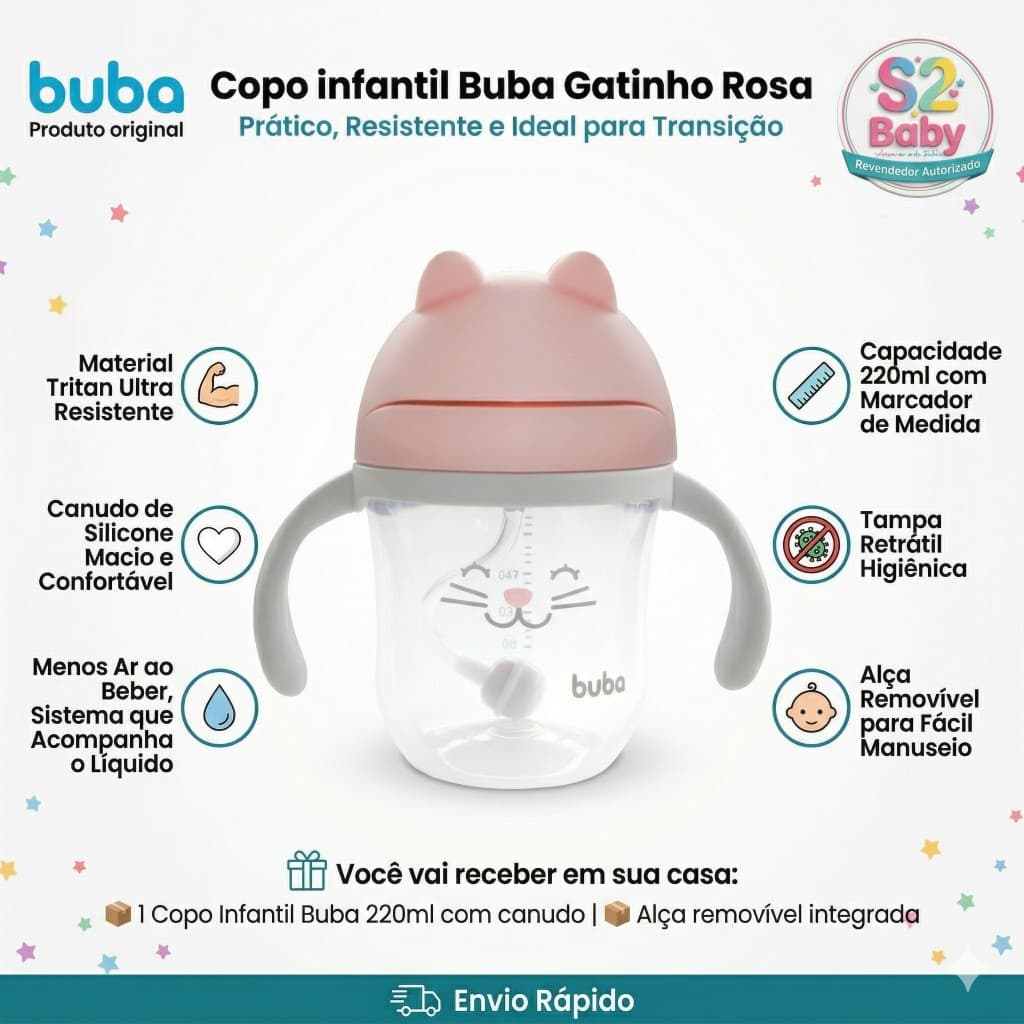 Copo Transição Treinamento Infantil Buba Gatinho Rosa 220ml Canudo Silicone e Dispositivo Anti-ar