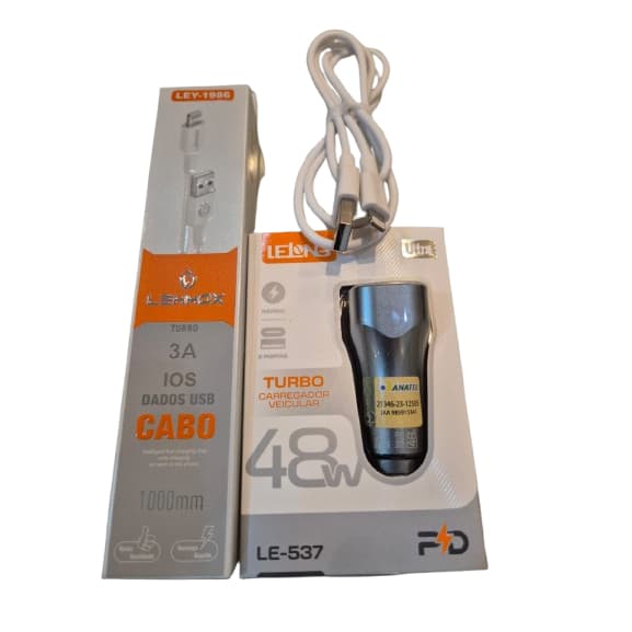 Kit Carregador Veicular + Cabo iPhone Lightning Carregamento Rápido 3A