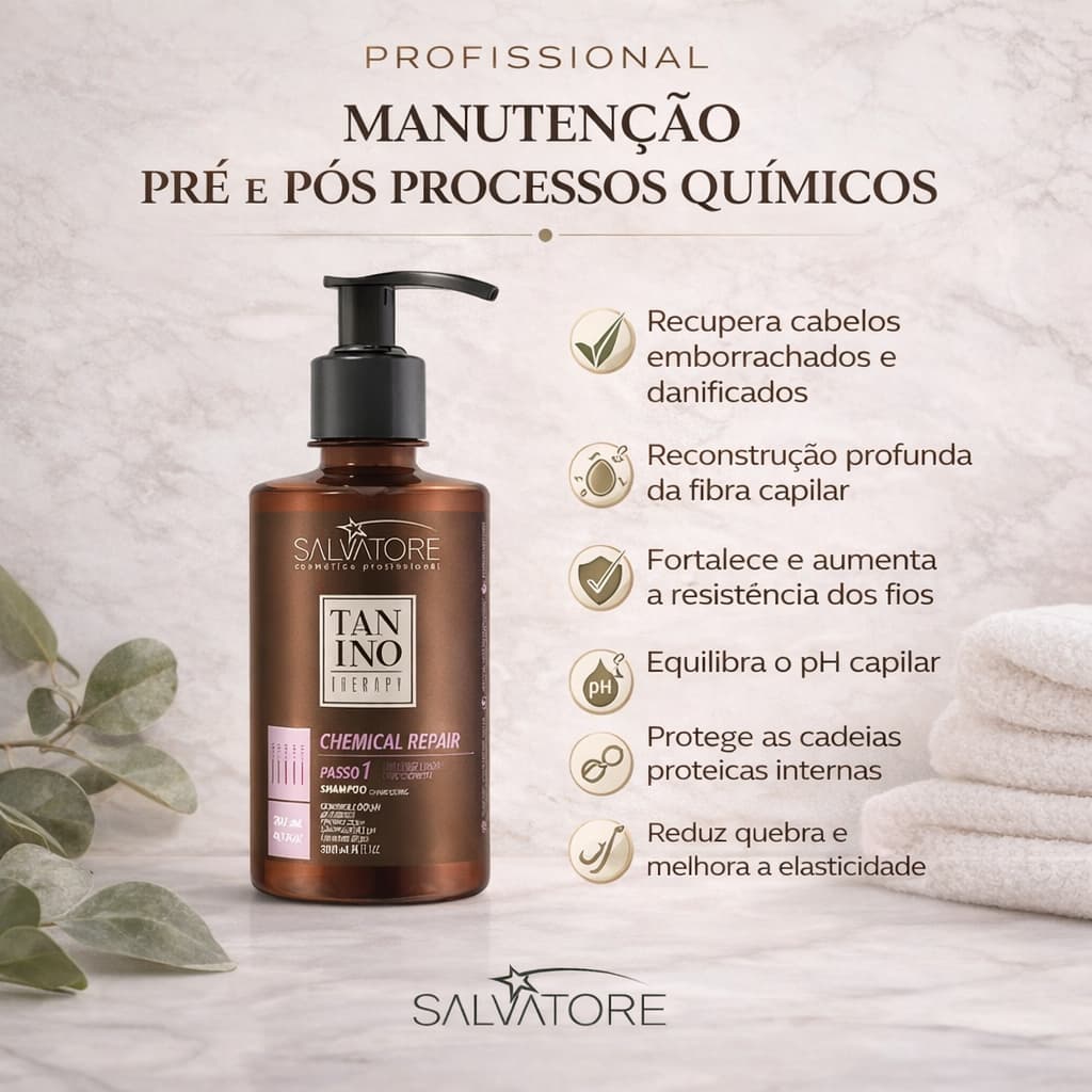 Shampoo Passo 1 Chemical Repair Salvatore Tanino Therapy 300ml Pré e Pós Química Reconstrução