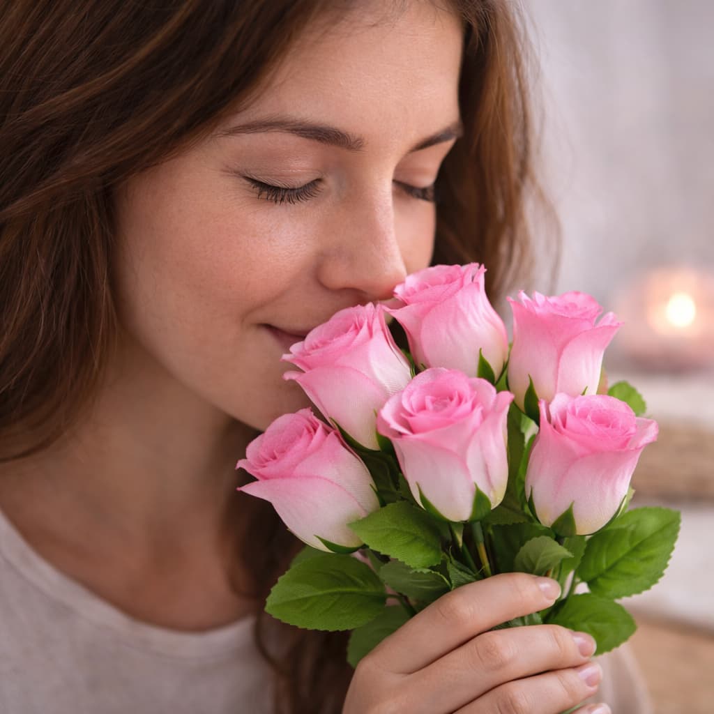 Buquê com 5 Rosas Artificiais Rosa Claro Decorativas