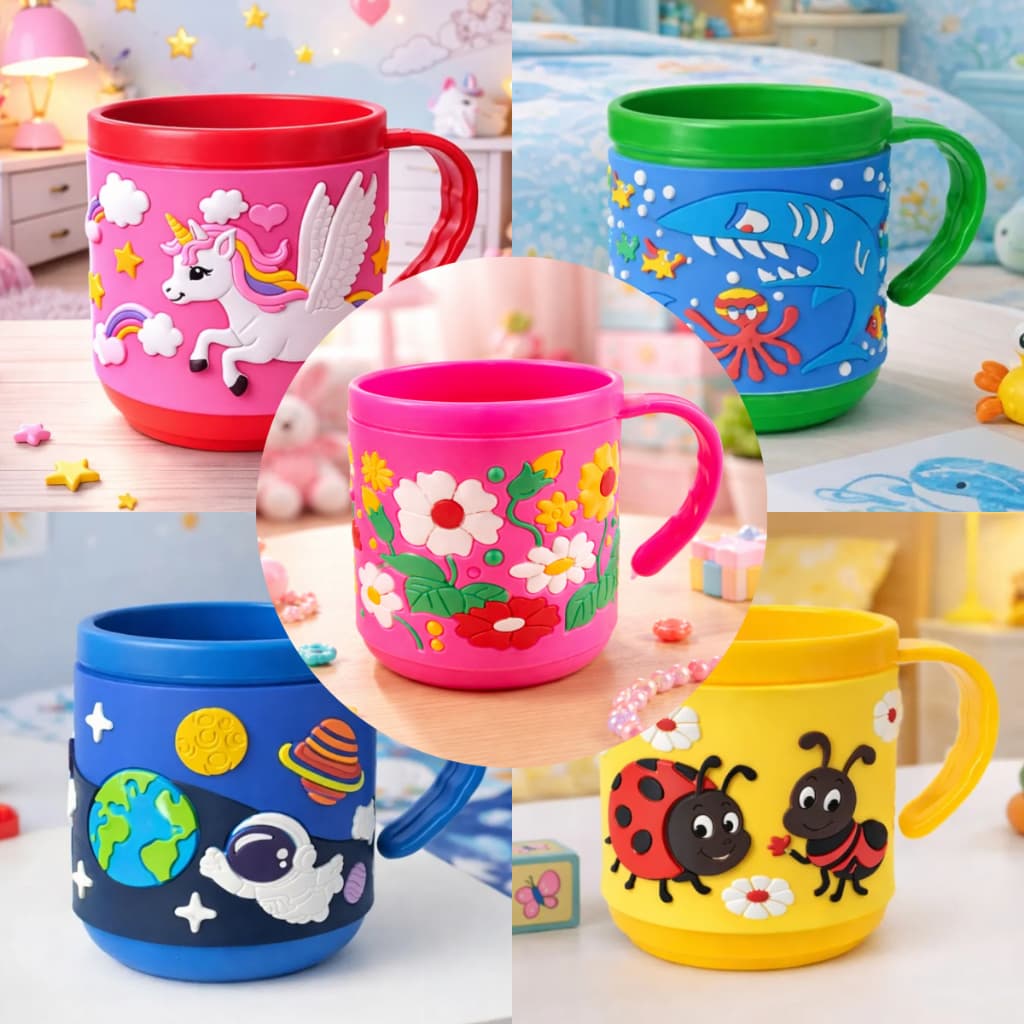 Caneca Emborrachada Infantil 220ml 3D Colorida Alto Relevo Alça Grande Criança
