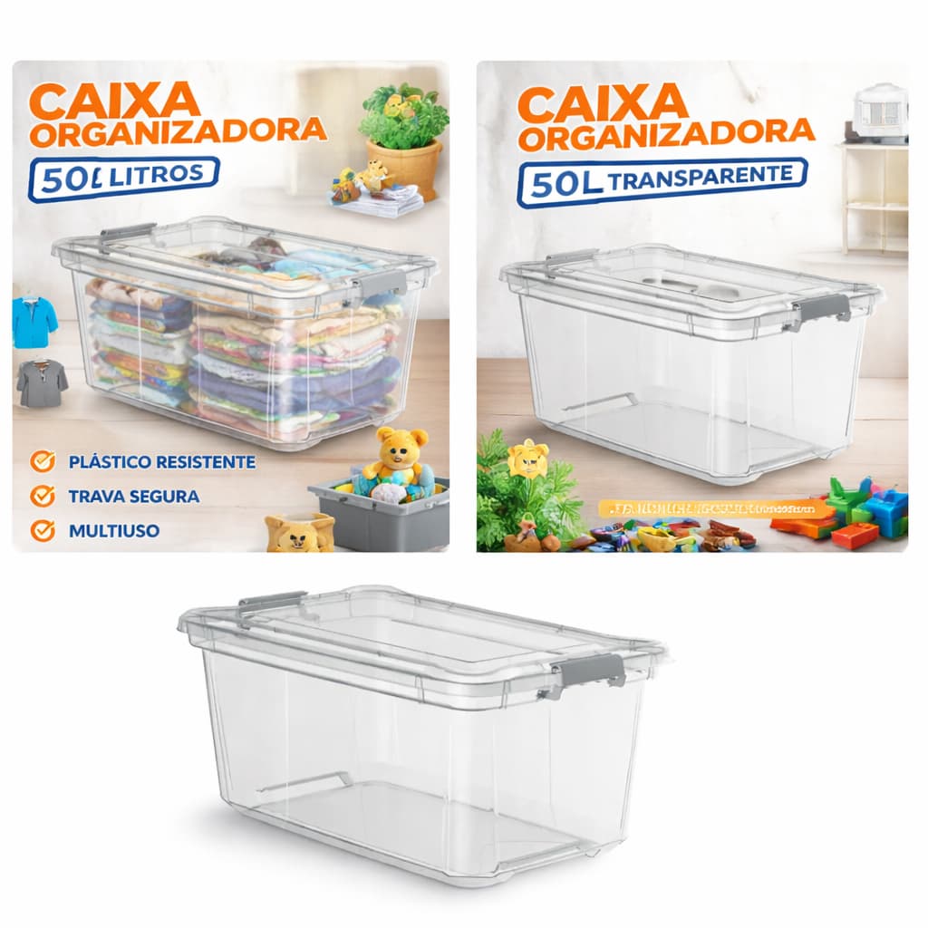 Caixa  50 Litros Para Armazenamento E Organização Tranparente