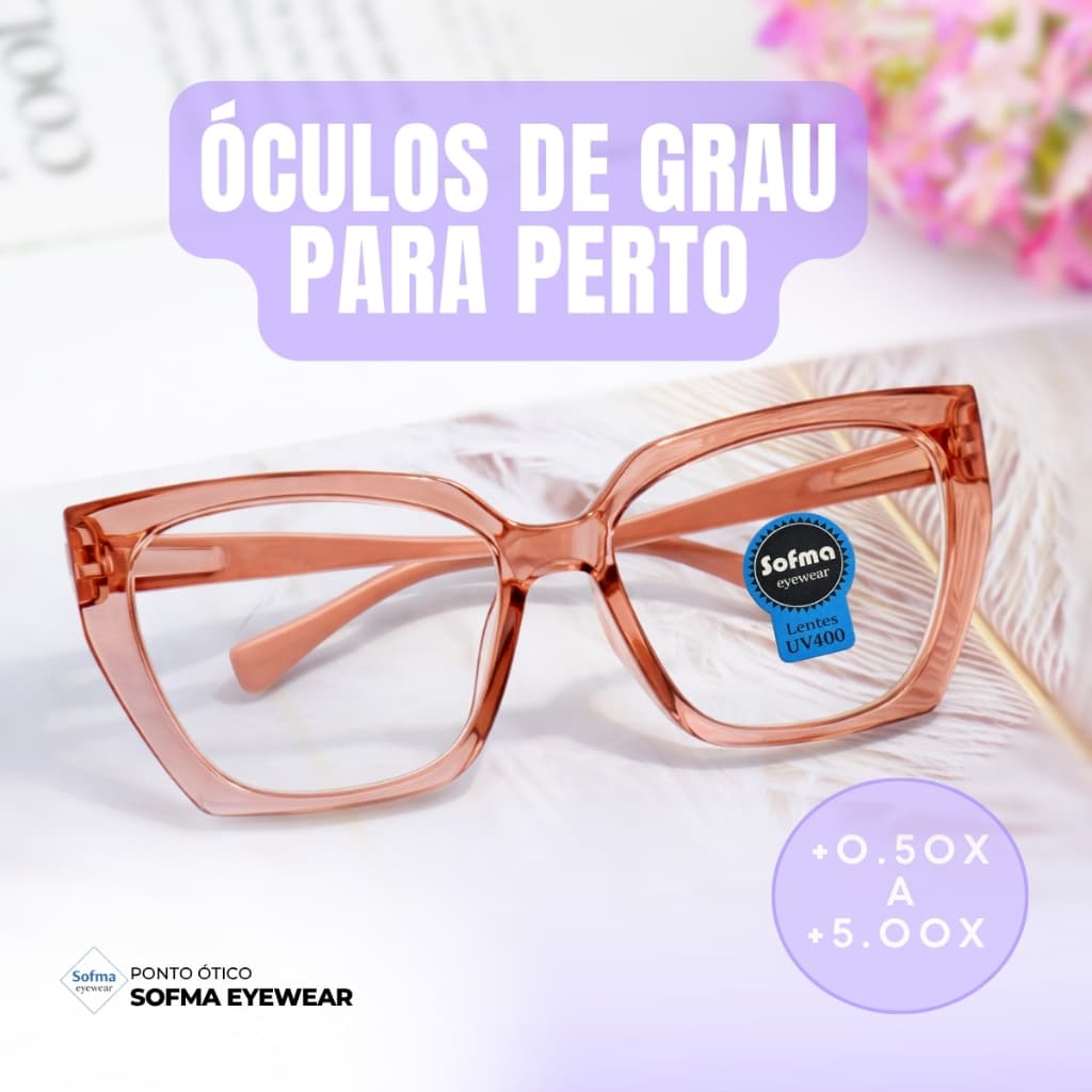 Óculos Hexagonal Marília Grau +0,50 a +5,00 Feminino Leitura Hipermetropia Rosa Transparente