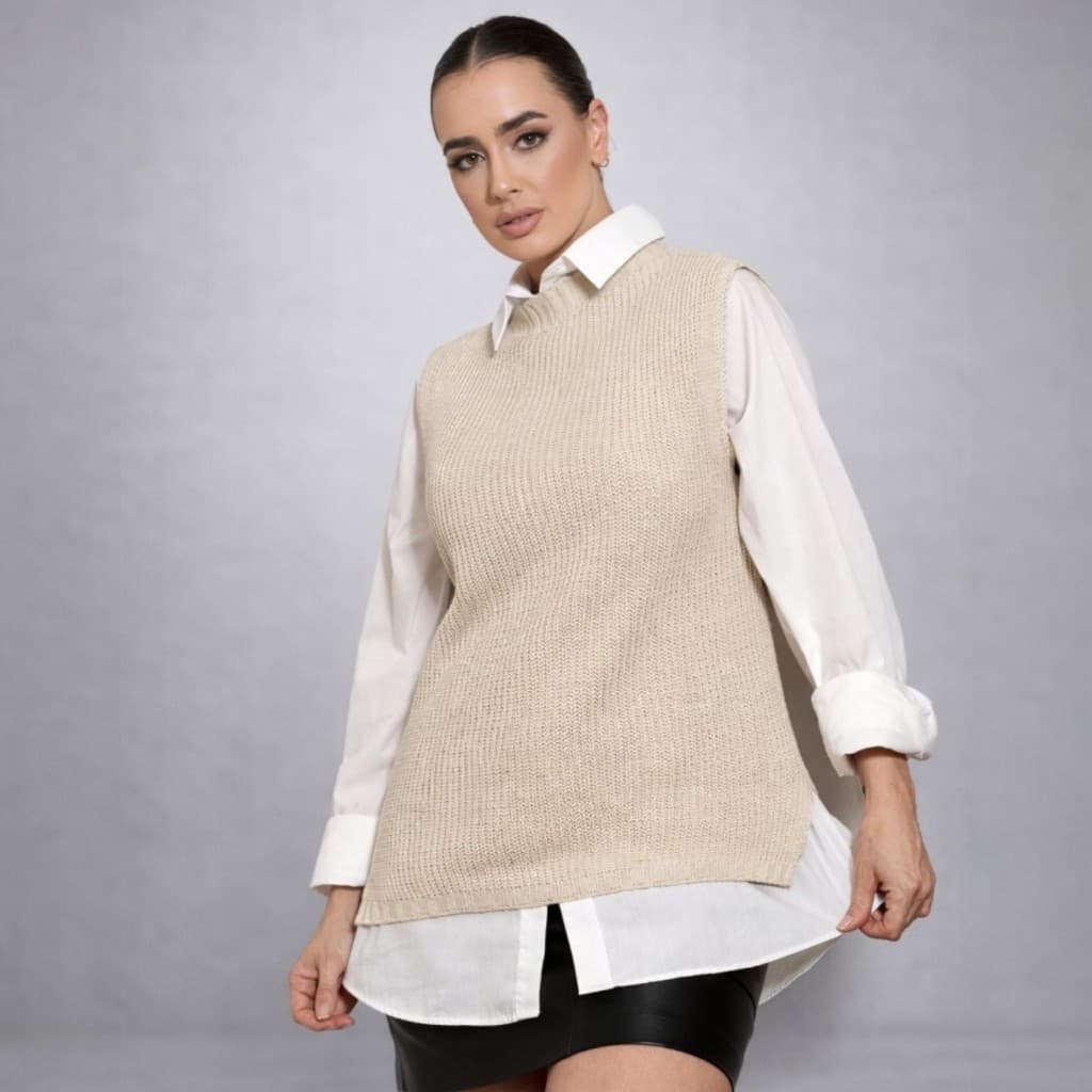 Colete de Tricô Feminino Elegante Fenda Lateral - Colete Feminino Inverno Tricot