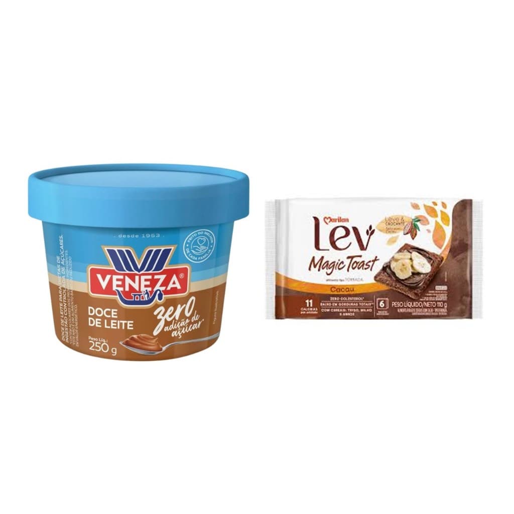 Doce De Leite Veneza Zero Adição De Açúcar 250gr + Torrada Lev Magic Toast Cacau 110g