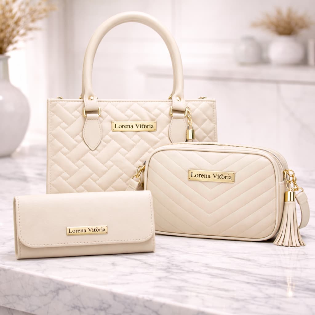 Kit 3 Bolsas Femininas Luxo Lorena Vitória Premium  3D + Milano + Carteira Lisa