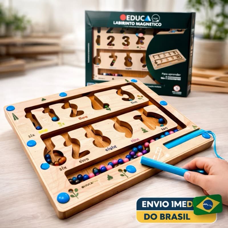 Labirinto Magnético Educativo Infantil de Madeira Montessori – Brinquedo Pedagógico para Coordenação Motora