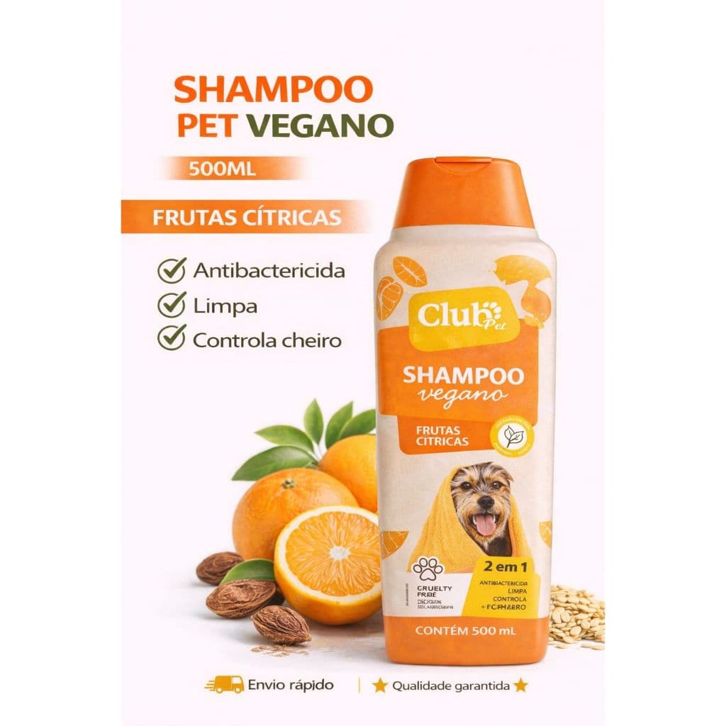Shampoo Pet Vegano Frutas Cítricas 500ml Club Pet Antibactericida Limpa e Controla Odores