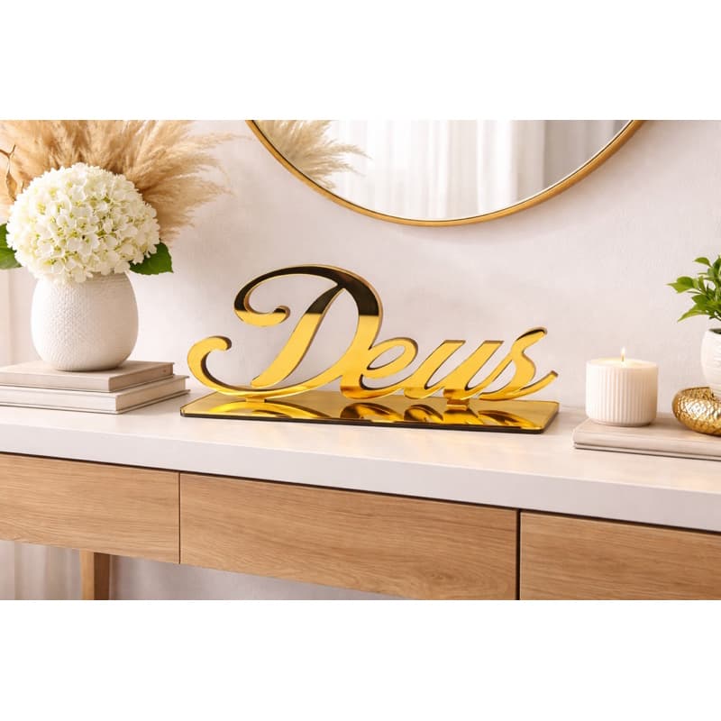 Palavra Deus Decorativa “Deus” em Acrílico Espelhado Dourado Decoração Sofisticada e Religiosa