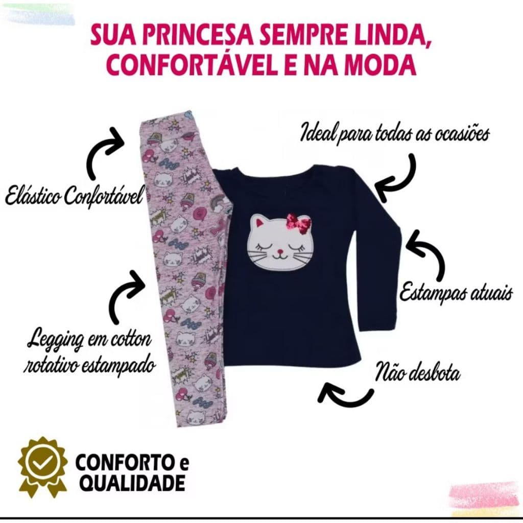 Combo Infantil Feminino Menina  4  Peças Meia Estação Outono Inverno Blusas e Calças Legging 4 ao 8