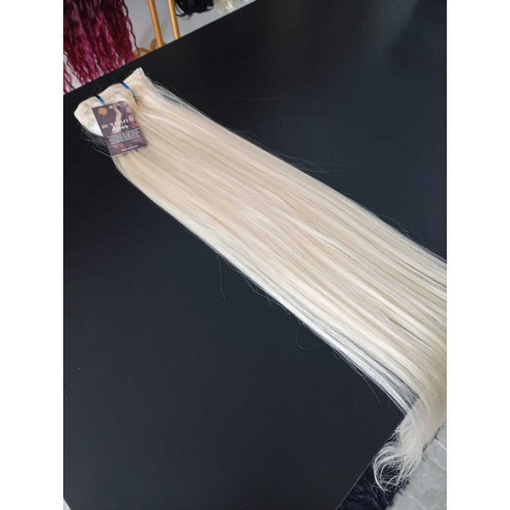 Aplique de Cabelo na Fita Adesiva Mega Hair Natural Fibra Russa Liso Loiro Claríssimo 50cm Premium