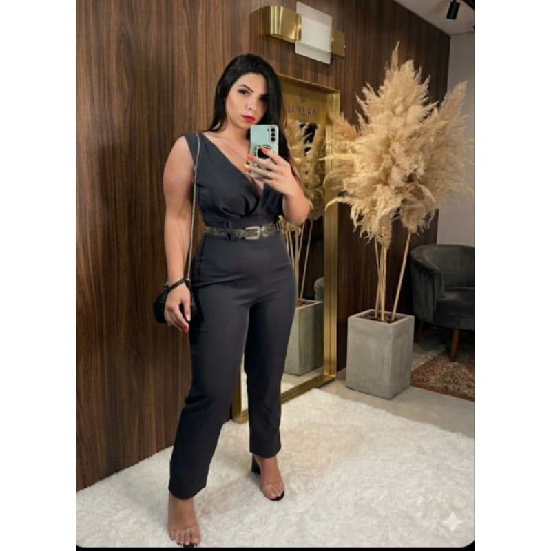 Macacão Feminino Longo Elegante Decote V Alfaiataria Luxo Festas Com Bojo (Veste 38 ao 40)