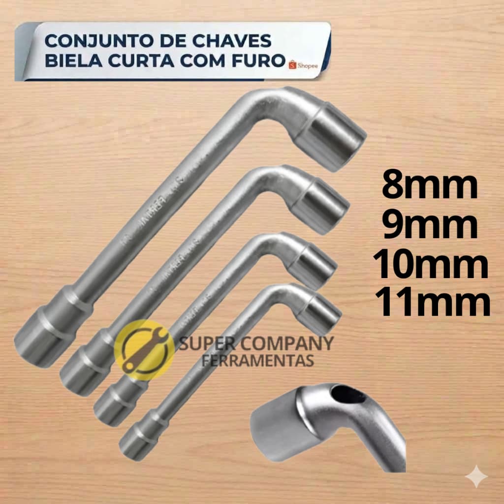 Kit 4 Peças Jogo De Chave L Biela Vazada Com Furo Chave de Boca 8,9,10,11 - Uso Profissional