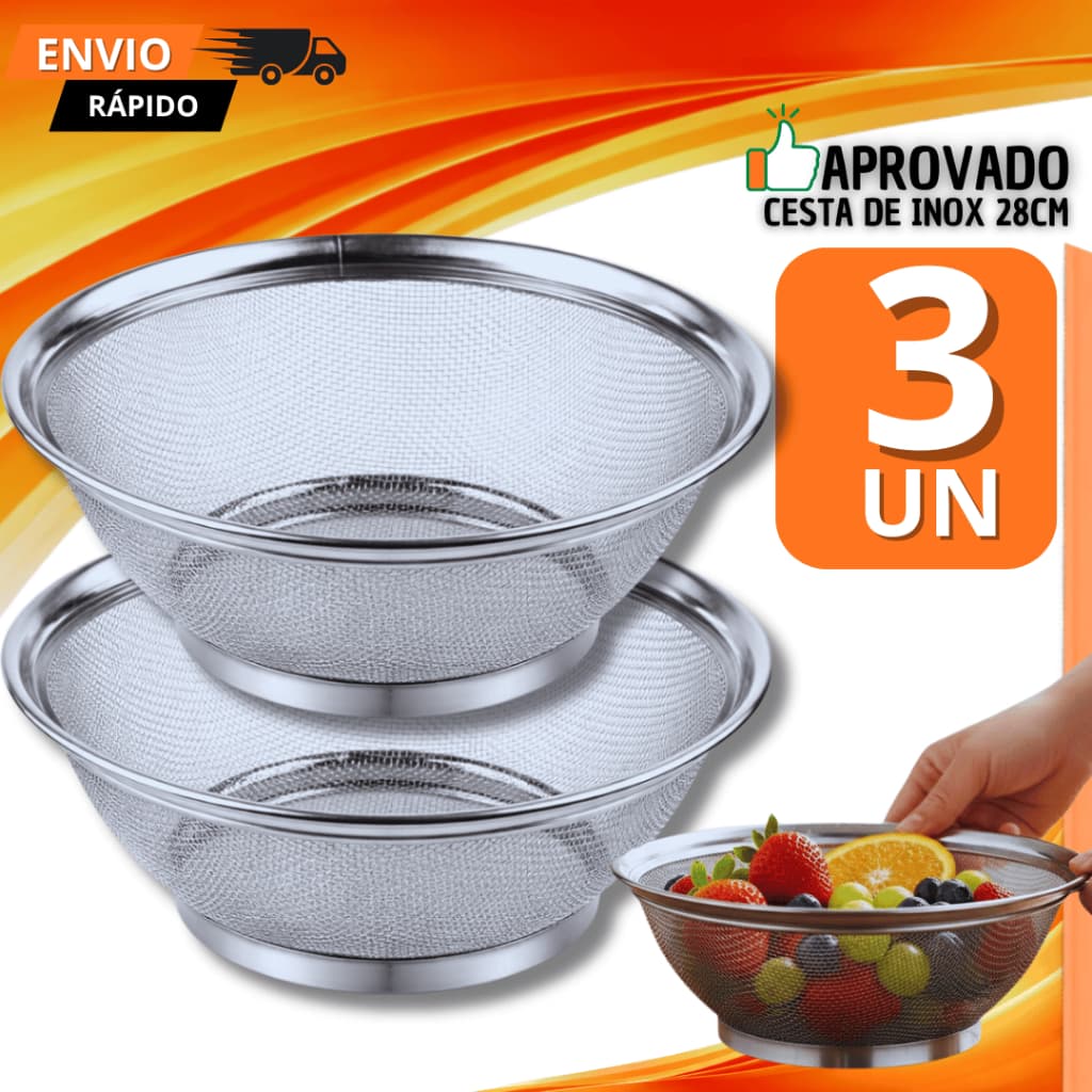 Cesto Cestas 28CM em Inox Escorredor Multiuso  Qualidade e Versatilidade na Sua Culinária Multiuso